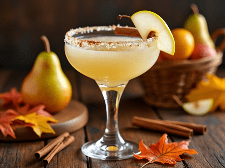 Autumn Pear Margarita in a tall margarita glass with cinnamon rim and fall-inspired garnishes.