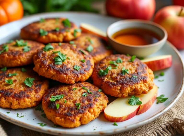 A plate of Sweet Potato and Apple Breakfast Sausage garnished with parsley and served with apple slices and maple syrup.