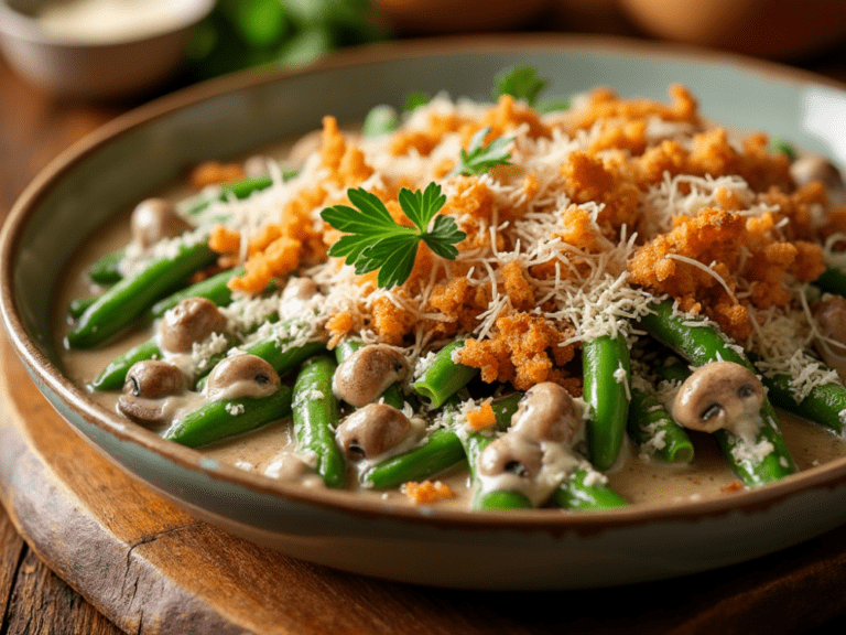 Serving of Green Bean Casserole with mushrooms, creamy sauce, and golden crispy topping