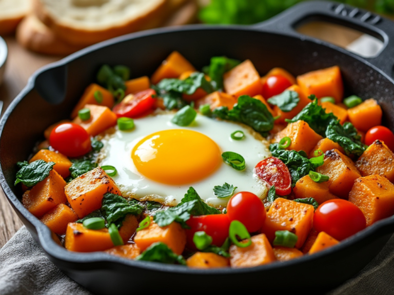 Close-Up of Egg and Sweet Potato Skillet with Spinach, Tomatoes, and Fresh Herbs