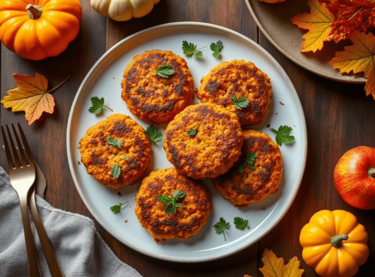 Sweet Potato and Apple Breakfast Sausage patties on a plate, surrounded by small pumpkins and autumn decor.