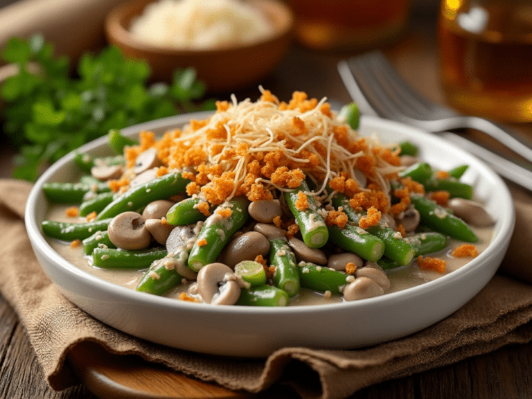 Green Bean Casserole with mushroom sauce, topped with crispy fried onions, served on a white plate