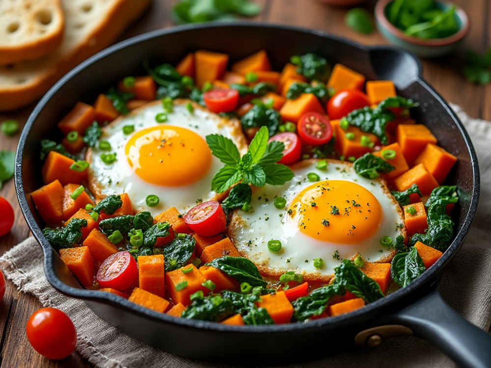 Two Sunny-Side-Up Eggs in a Sweet Potato Skillet with Fresh Cherry Tomatoes and Herbs