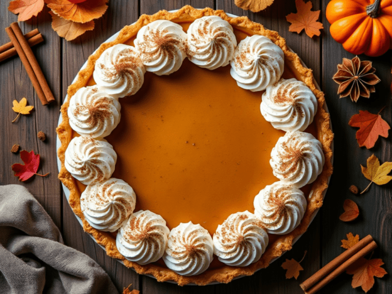 Maple Pumpkin Pie with Whipped Cream Swirls and Cinnamon Dust