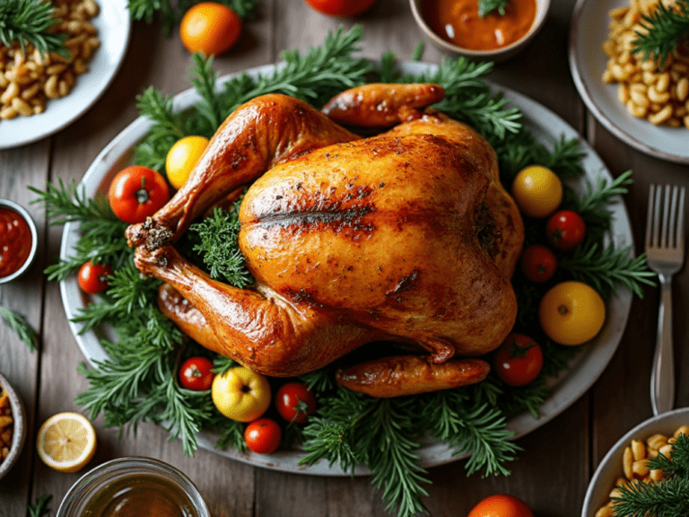 Roasted turkey garnished with fresh rosemary, thyme, and cherry tomatoes on a holiday table