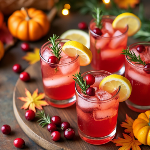 Cranberry rosemary lemonade in multiple glasses with rosemary and lemon garnishes, displayed on a wooden serving board with fall decorations.