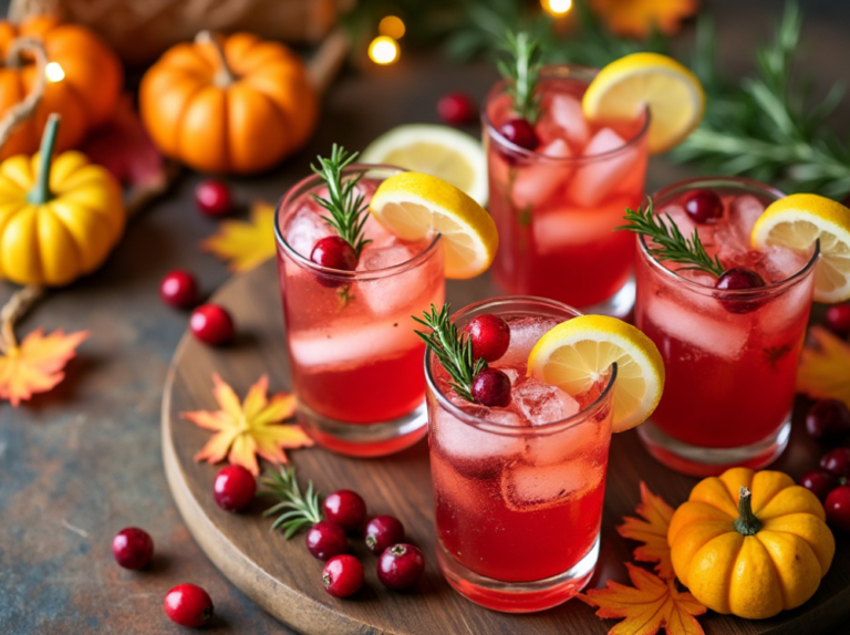 Cranberry rosemary lemonade in multiple glasses with rosemary and lemon garnishes, displayed on a wooden serving board with fall decorations.