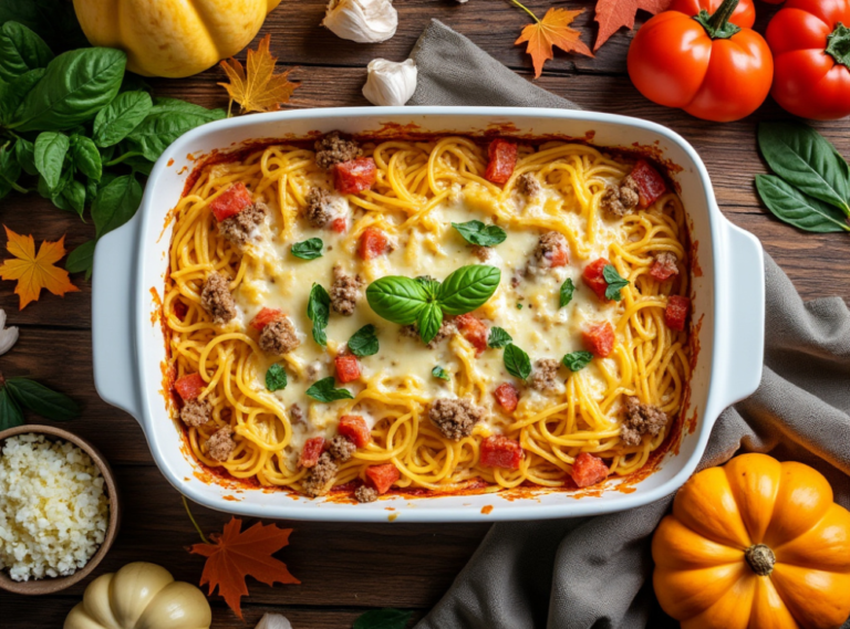 Spaghetti squash casserole in a white baking dish, garnished with fresh basil, diced tomatoes, and ground turkey, surrounded by seasonal decor and fresh ingredients.