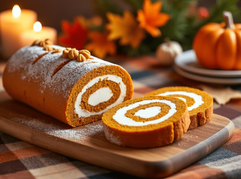 A pumpkin roll with powdered sugar and decorative icing, sliced and served on a wooden cutting board.