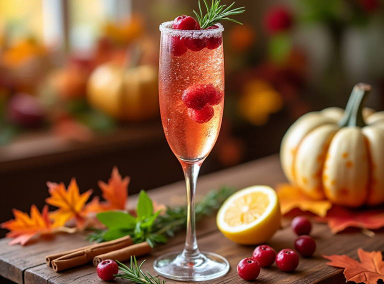 A single glass of Sparkling Cranberry Mimosa garnished with cranberries and rosemary, with pumpkins and fall decor in the background.