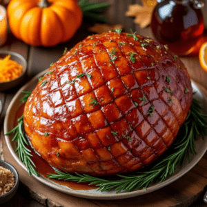 Diamond-scored maple glazed ham on a plate, garnished with rosemary and served with orange slices.