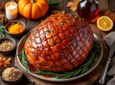 Diamond-scored maple glazed ham on a plate, garnished with rosemary and served with orange slices.