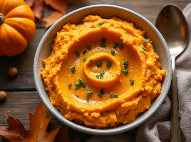 A bowl of Sweet Potato and Cauliflower Mash garnished with chives, with mini pumpkins and autumn leaves around it.