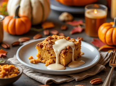 A slice of pumpkin spice bread pudding topped with creamy vanilla sauce, set on a Thanksgiving-themed table with pumpkins and fall leaves.