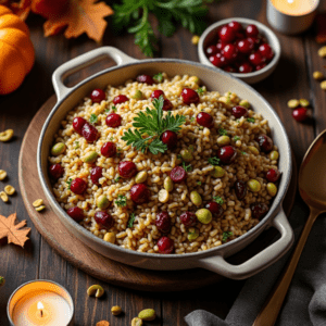 A wooden table adorned with a serving dish of Cranberry Pistachio Wild Rice, surrounded by candles and fall decorations.