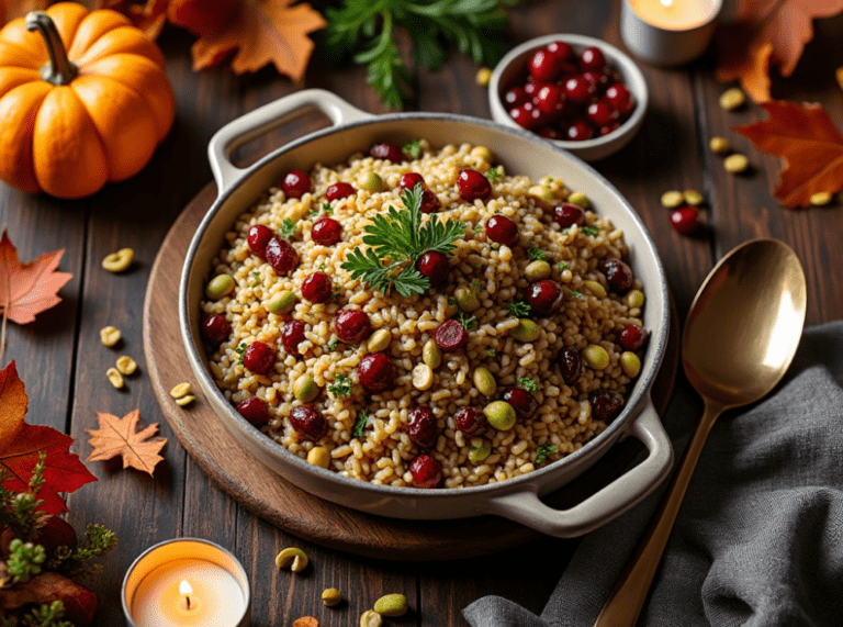 A wooden table adorned with a serving dish of Cranberry Pistachio Wild Rice, surrounded by candles and fall decorations.