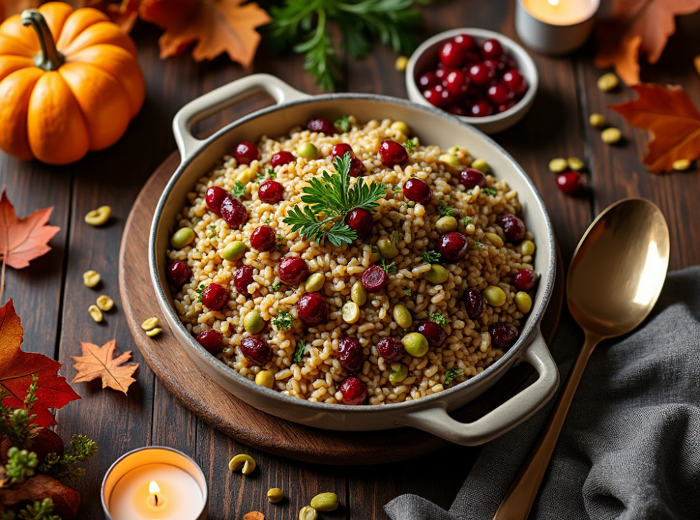 A wooden table adorned with a serving dish of Cranberry Pistachio Wild Rice, surrounded by candles and fall decorations.