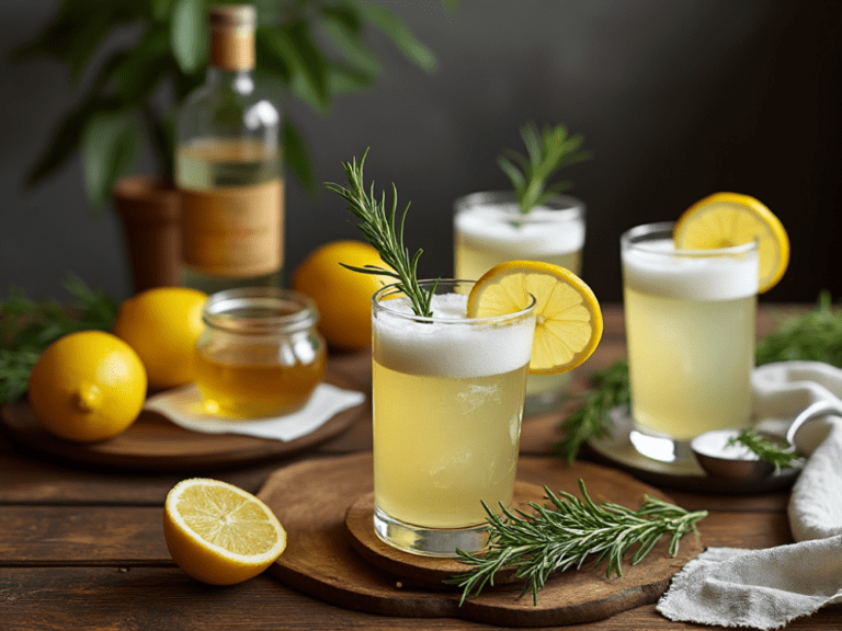 A group of Rosemary Gin Fizz cocktails served with fresh rosemary and lemon garnishes, perfect for entertaining.