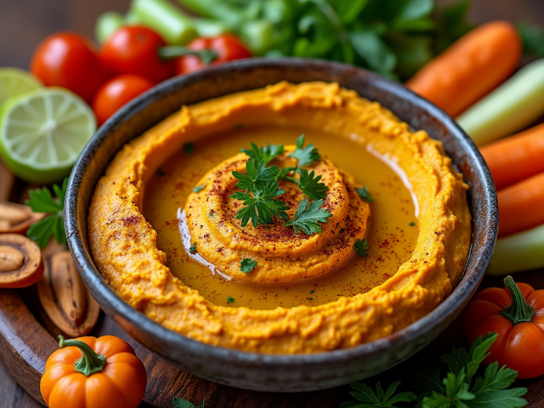 A rustic bowl of pumpkin hummus garnished with smoked paprika, olive oil, and parsley, surrounded by fresh veggies.