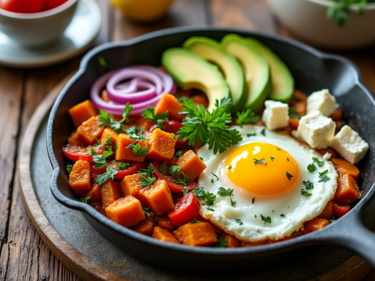 Sweet Potato Hash with Eggs served in a skillet with avocado slices, red onion, and feta cheese.