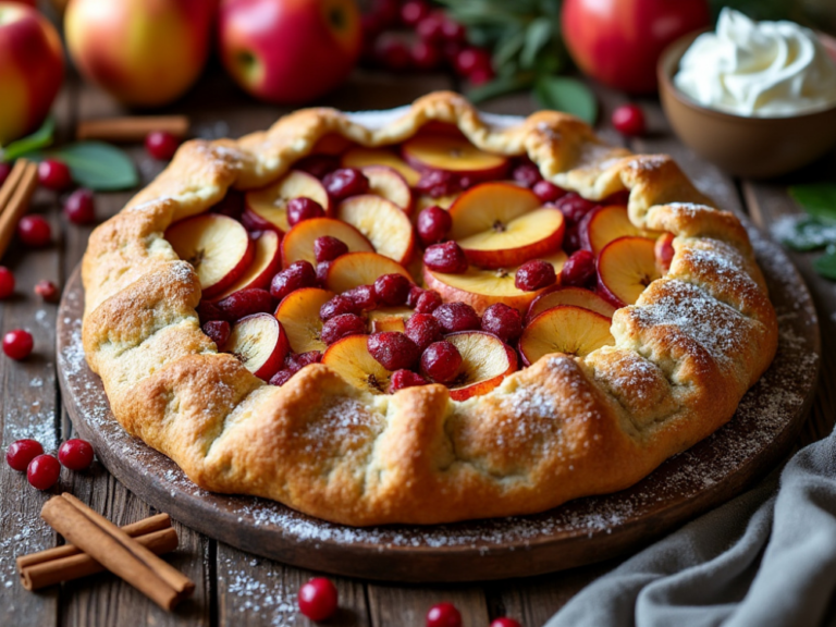 Overhead view of a rustic Apple and Cranberry Galette with fresh fruit filling and a golden crust.