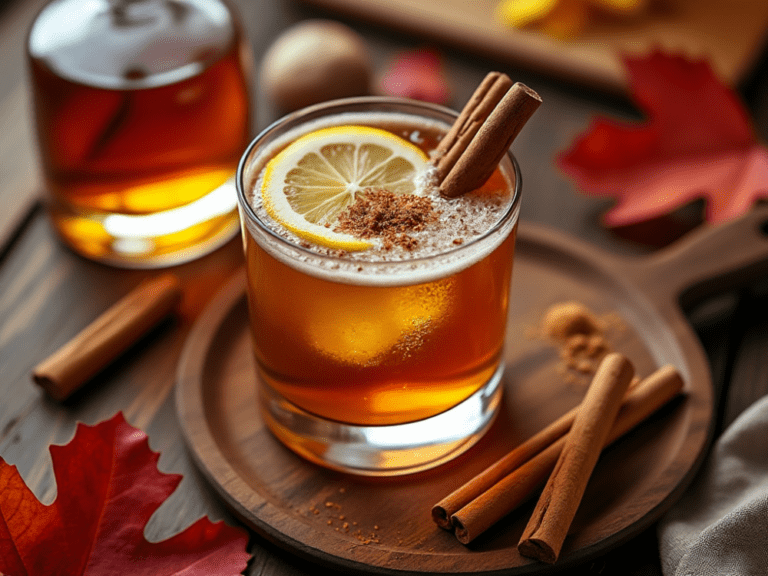 Cinnamon Maple Whiskey Sour served on a wooden platter with fall decorations.