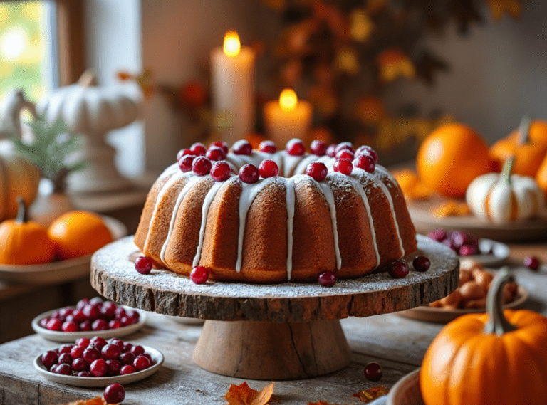 A plain Cranberry Orange Bundt Cake dusted with powdered sugar in a Thanksgiving-themed kitchen.