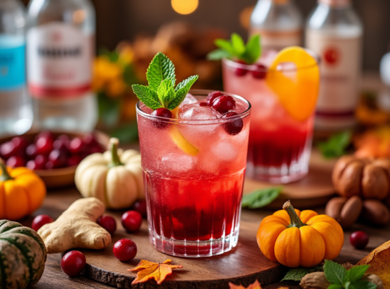 Two glasses of cranberry ginger mocktail on a wooden surface, garnished with mint, cranberries, and orange slices, with autumn decor in the background.