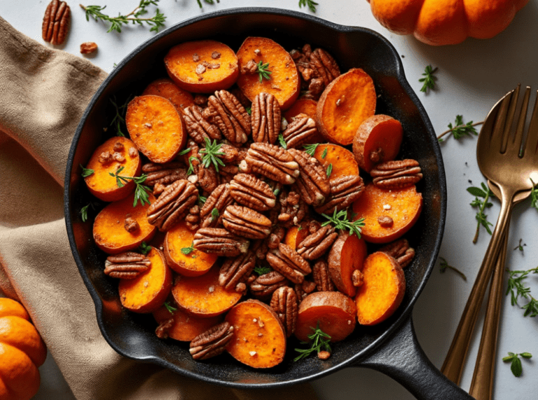 Roasted sweet potato rounds with pecans in a black cast-iron skillet, garnished with fresh thyme.