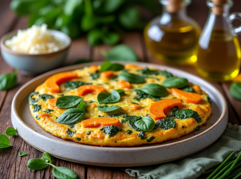 Butternut Squash and Spinach Frittata topped with fresh basil leaves on a white plate