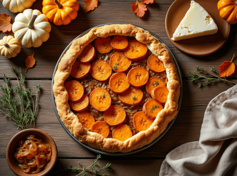 A golden-baked tart with sweet potatoes and caramelized onions, surrounded by fresh herbs and fall-themed decorations.