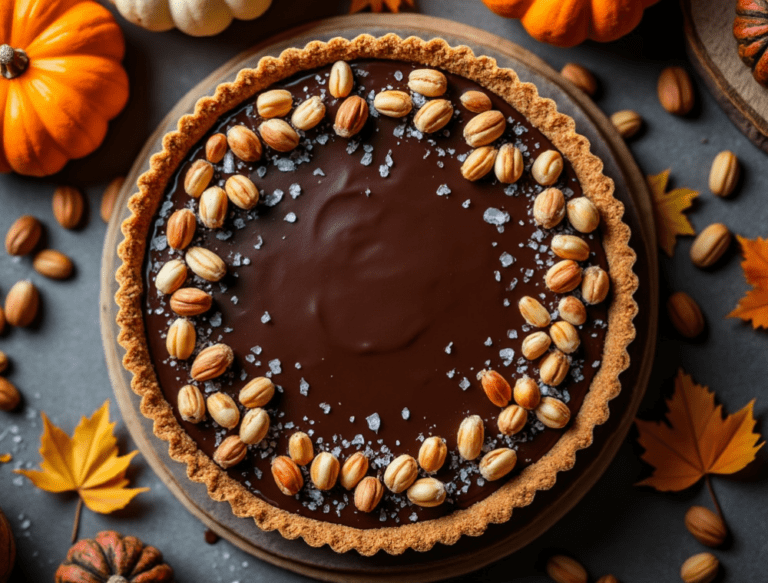 Overhead view of a chocolate hazelnut tart with a border of hazelnuts and sea salt, surrounded by autumn leaves and mini pumpkins.