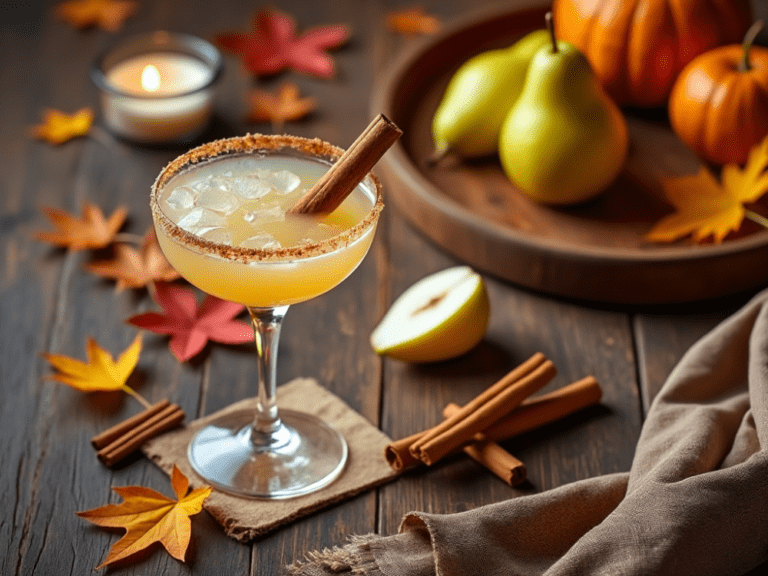 Elegant Autumn Pear Margarita with cinnamon-sugar rim, garnished with cinnamon stick and surrounded by fall decor.