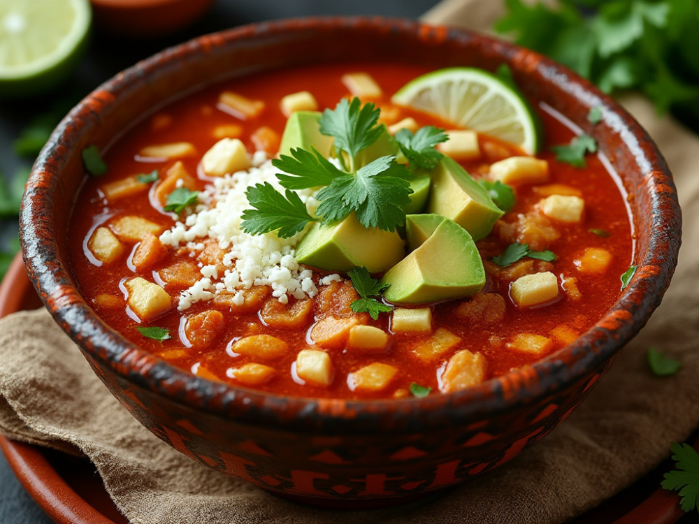 Sopa Azteca served with crumbled queso fresco and lime wedges, garnished with fresh avocado and cilantro.