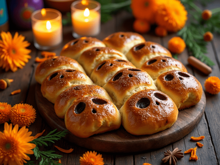 Pan de Muertos bread with skull designs, decorated for Día de los Muertos with candles and marigold flowers.