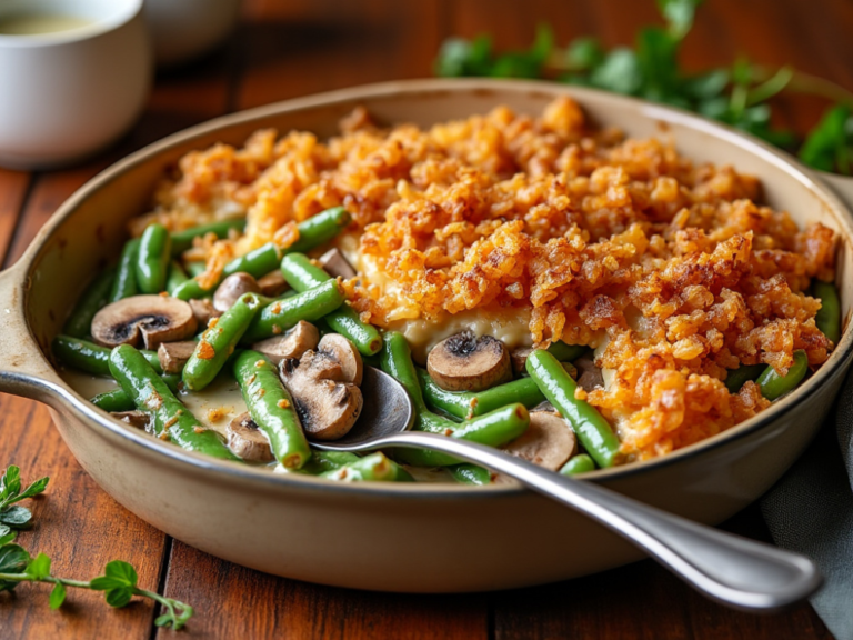 Green Bean Casserole in a rustic dish, featuring green beans, mushrooms, and crispy topping