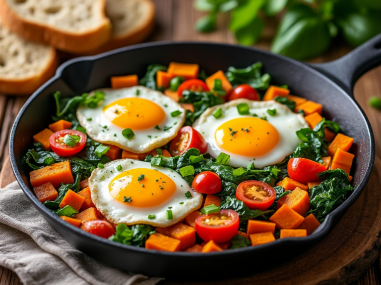 Three Sunny-Side-Up Eggs in a Sweet Potato Skillet with Fresh Greens and Cherry Tomatoes