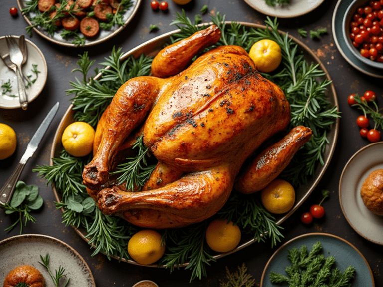 Beautifully roasted turkey with golden skin and herbs on a rustic serving platter