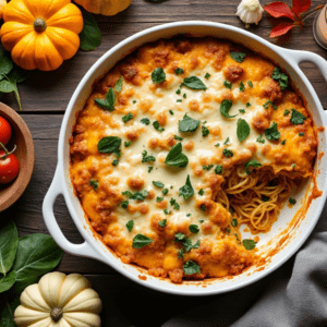 Golden-brown baked spaghetti squash casserole in a round white dish, garnished with melted cheese, fresh basil, and surrounded by autumn-themed decor.