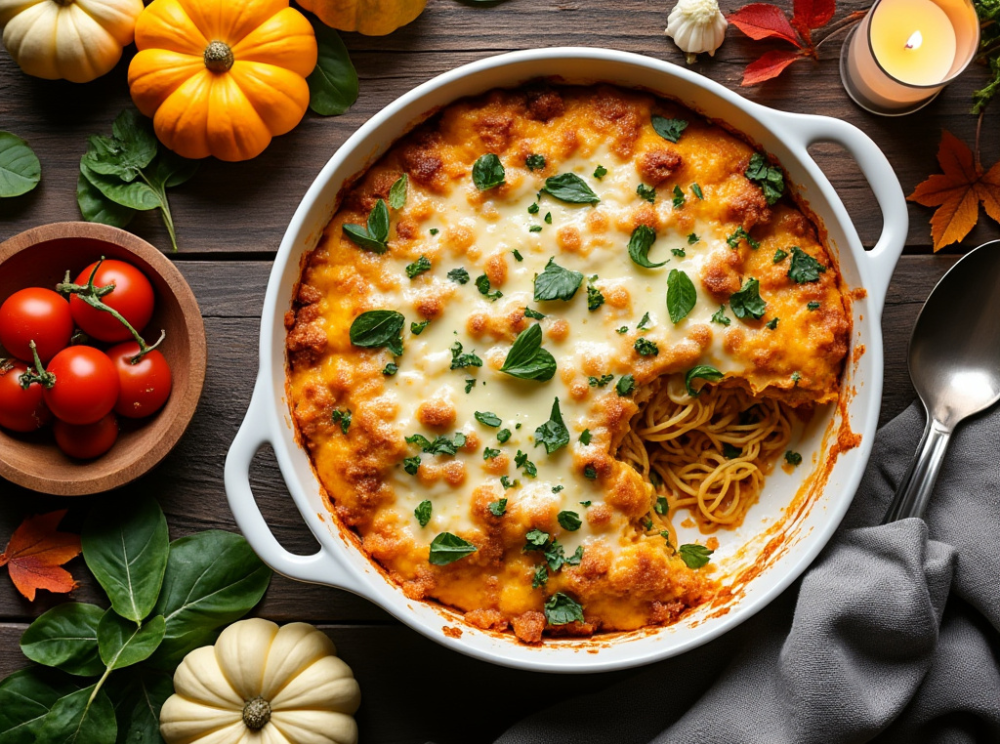 Golden-brown baked spaghetti squash casserole in a round white dish, garnished with melted cheese, fresh basil, and surrounded by autumn-themed decor.
