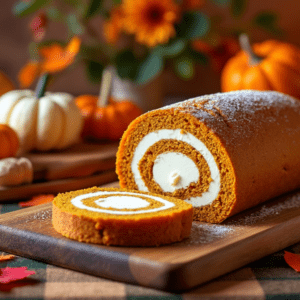 A pumpkin roll on a cutting board with vibrant pumpkins, fall leaves, and candlelit ambiance in the background.