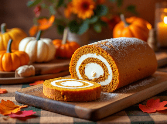 A pumpkin roll on a cutting board with vibrant pumpkins, fall leaves, and candlelit ambiance in the background.