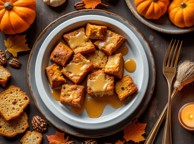 A top-down view of pumpkin spice bread pudding drizzled with caramel, served in a rustic white dish with pumpkins and fall leaves decorating the table.