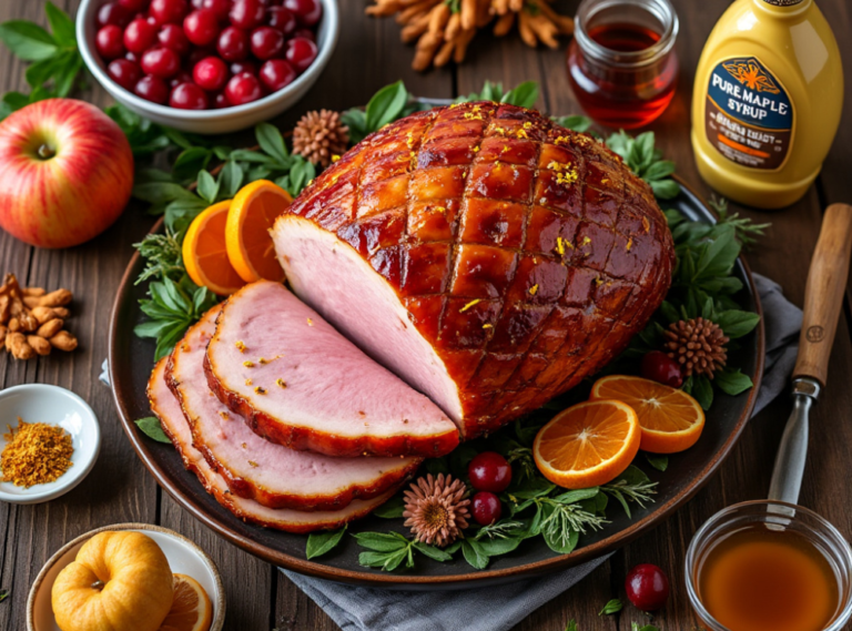 Maple glazed ham on a plate, surrounded by cranberries, orange slices, and maple syrup bottle.