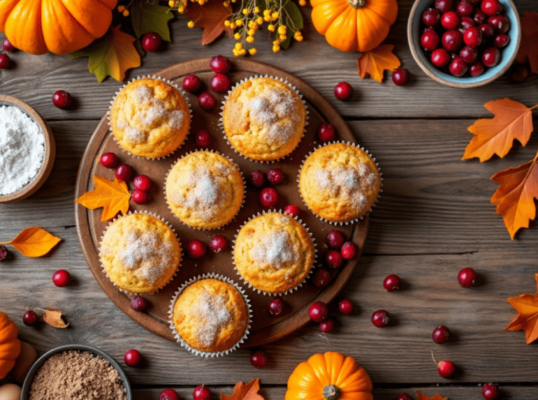 Cranberry orange muffins surrounded by baking ingredients, pumpkins, and fall leaves.