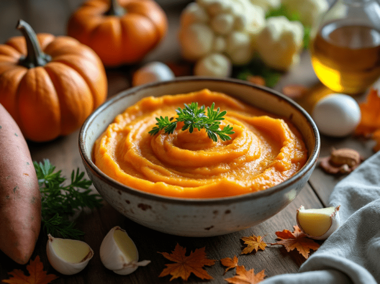 A bowl of creamy Sweet Potato and Cauliflower Mash topped with parsley, set on a rustic table with fresh ingredients.