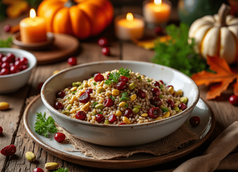 Cranberry Pistachio Wild Rice served in a white bowl with parsley garnish, surrounded by autumn decor.