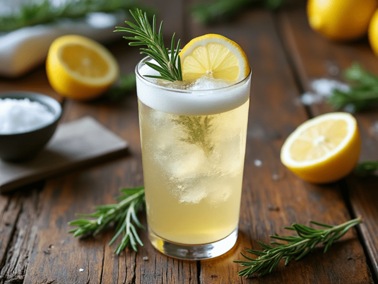 A beautifully presented Rosemary Gin Fizz garnished with fresh rosemary and lemon on a wooden surface.