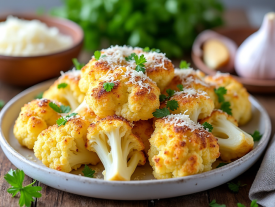 Garlic parmesan roasted cauliflower on a plate with a rustic wooden background, surrounded by garlic cloves and parsley.