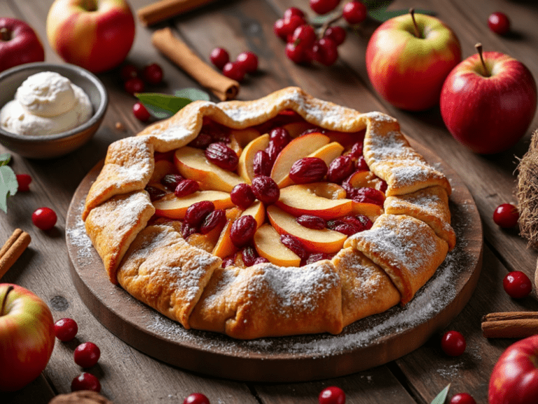 Apple and Cranberry Galette styled with cinnamon sticks, apples, and cranberries for an autumnal look.